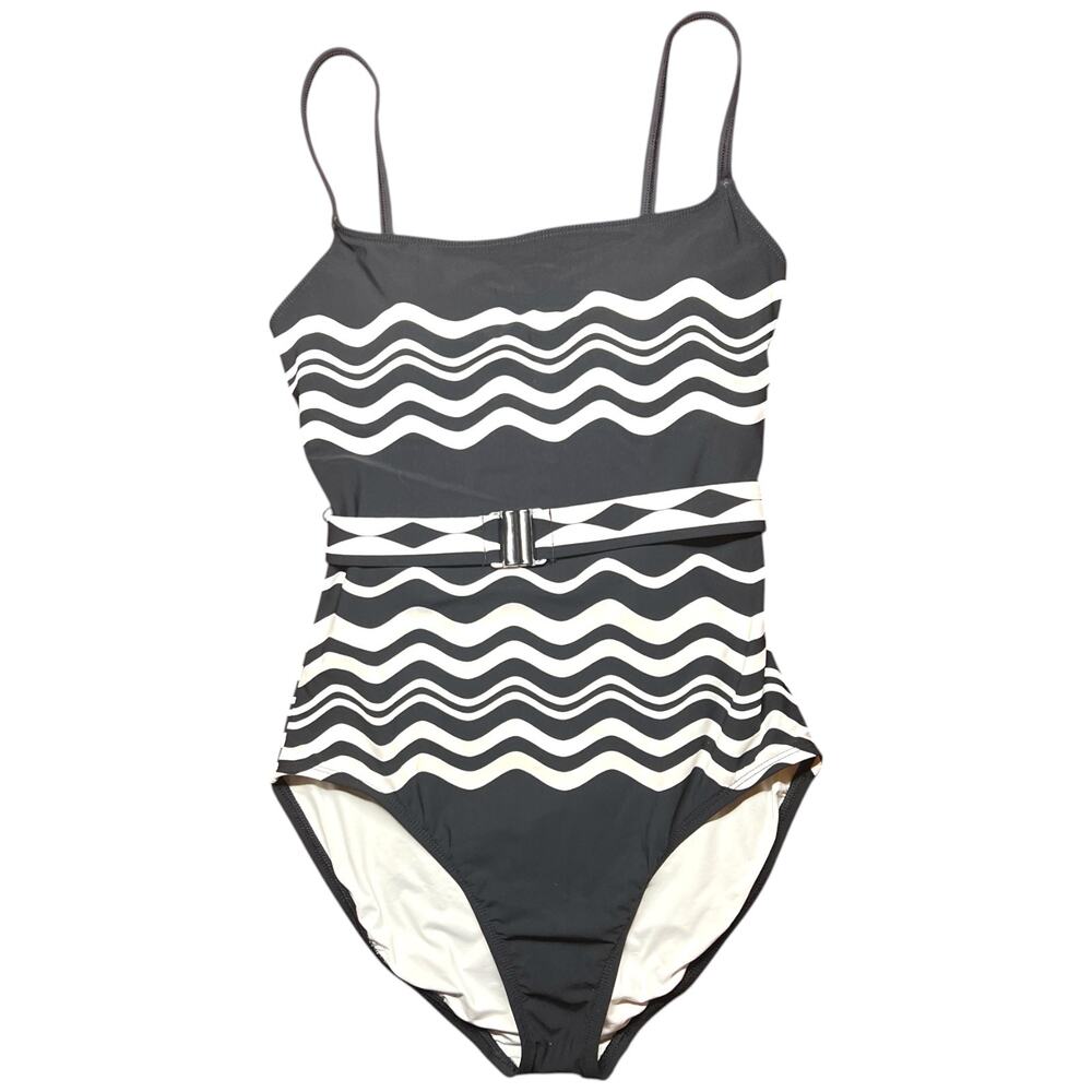 LA BLANCA One Piece Swimwear Women's Size 10 Black White Wave Design Belted